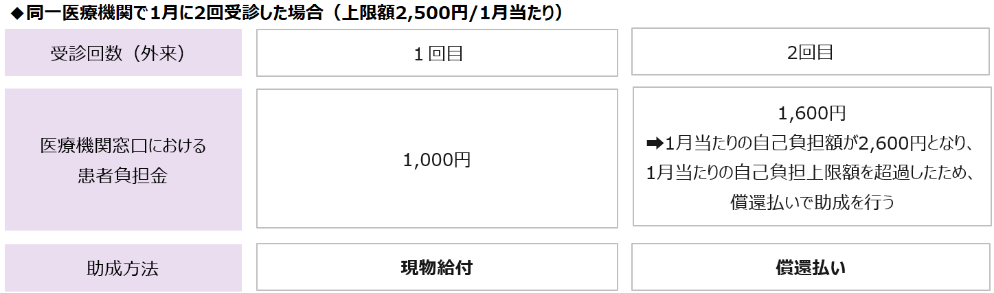 1月あたりの自己負担上限額を超過した場合に、超過した受診分以降が償還払いとなるケース